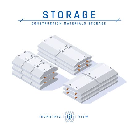 Concrete foundation storage concept, isometric view. Set of icons for architectural designs. Vector illustration isolated on a white background in flat style. Construction products collection.のイラスト素材
