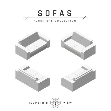 Isometric sofas. Set of icons in four positions. White geometric couches in scandinavian style. Flat vector illustration isolated on a white background.のイラスト素材