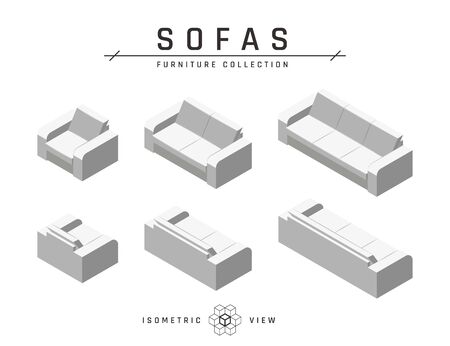 Isometric sofas and armchair. Set of icons in four positions. White geometric couches in scandinavian style. Flat vector illustration isolated on a white background.のイラスト素材