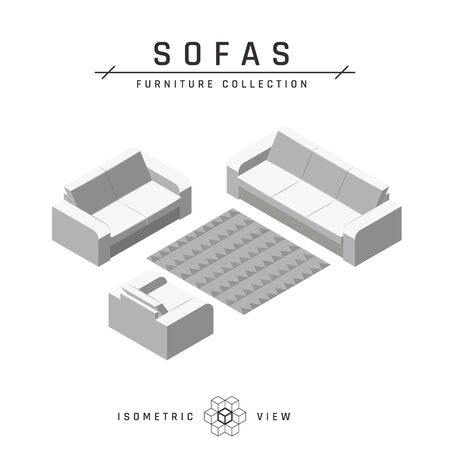 Isometric sofas and armchair. Living room concept. Set of icons in different positions. White geometric furniture in scandinavian style. Flat vector illustration isolated on a white background.のイラスト素材