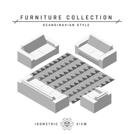 Isometric sofas and armchair. Living room concept. Set of icons in different positions. White geometric furniture in scandinavian style. Flat vector illustration isolated on a white background.のイラスト素材