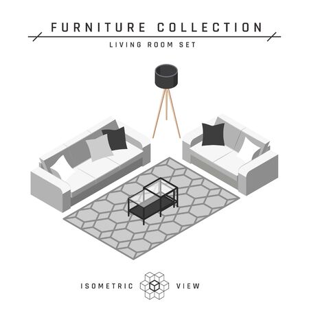 Isometric living room concept. Sofas and coffee table. Set of icons in different positions. White geometric furniture in scandinavian style. Flat vector illustration isolated on a white background.のイラスト素材