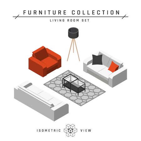 Isometric living room concept. Sofas and coffee table. Set of icons in different positions. Geometric furniture in scandinavian style. Flat vector illustration isolated on a white background.のイラスト素材