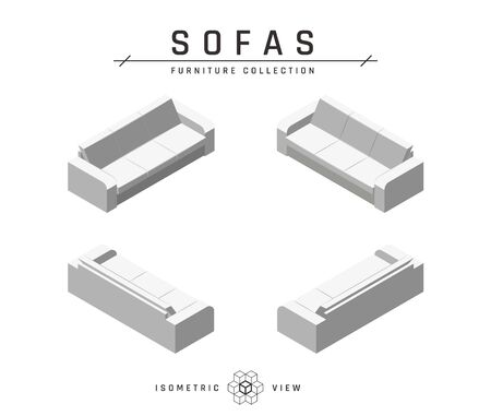 Isometric sofas. Set of icons in four positions. White geometric couches in scandinavian style. Flat vector illustration isolated on a white background.のイラスト素材