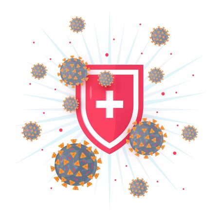Immune system concept with medical shield. Bacterial and virus defense. 2019-nCoV icon. Vector illustration in flat style for medical designs, infographics.のイラスト素材