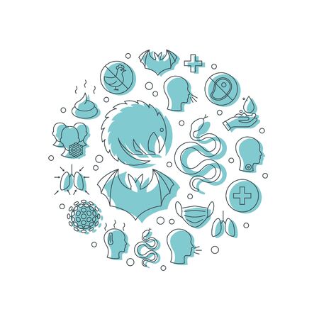 Coronavirus round frame made of line icons. Vector illustration on a white background for medical designs, infographics, posters.のイラスト素材