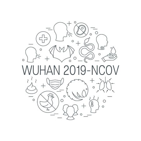 Coronavirus round frame. 2019-nCoV icons in in the shape of a circle. Vector illustration in line style on a white background for medical designs, infographics, posters.のイラスト素材