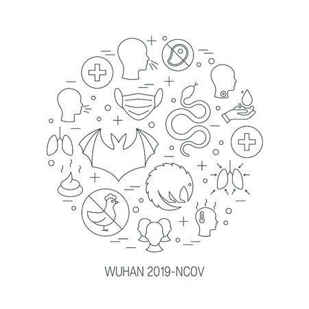Coronavirus circle frame. 2019-nCoV icons in in the shape of a circle. Vector illustration in line style on a white background for medical designs, infographics, posters.のイラスト素材