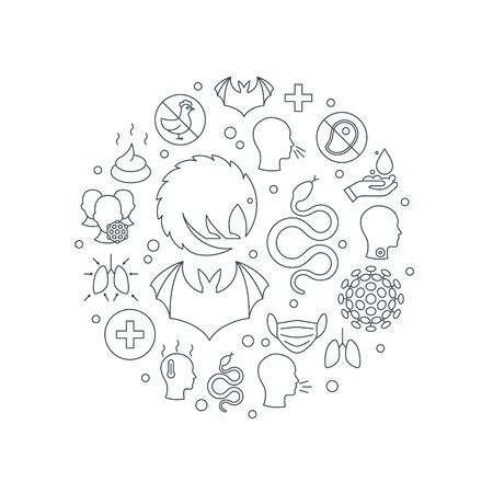 Coronavirus round frame. 2019-nCoV icons in in the shape of a circle. Vector illustration in line style on a white background for medical designs, infographics, posters.のイラスト素材