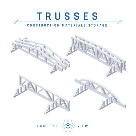 Concrete trusses storage concept, isometric view. Set of icons for architectural designs. Vector illustration isolated on a white background in flat style. Construction products collection.のイラスト素材