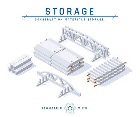 Concrete storage concept, isometric view. Set of icons for architectural designs. Vector illustration isolated on a white background in flat style. Construction products collection.のイラスト素材