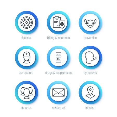 Medical icons for healthcare websites. Simple line pictograms with editable stroke for healthcare centers. Vector illustration isolated on a white background.のイラスト素材