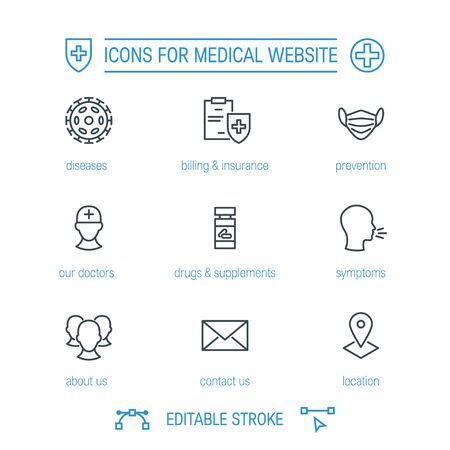 Medical icons for healthcare websites. Simple line pictograms with editable stroke for healthcare centers. Vector illustration isolated on a white background.のイラスト素材