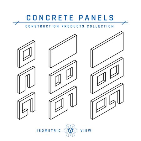 Concrete panel icons. Precast cement wall blocks for modular buildings. Vector illustration isolated on a white background in linear style.のイラスト素材