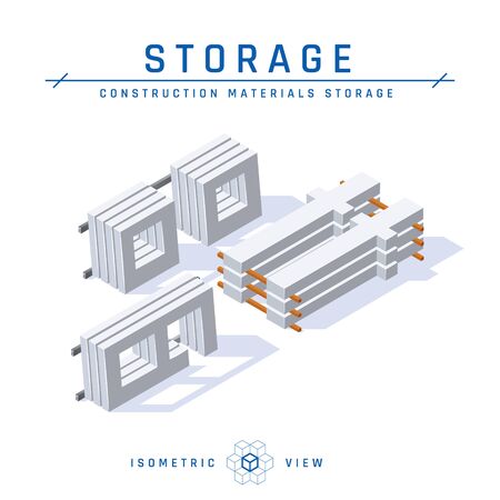 Concrete storage concept. Precast cement wall blocks for modular buildings and stack of columns, isometric view. Vector illustration isolated on a white background in flat style.のイラスト素材