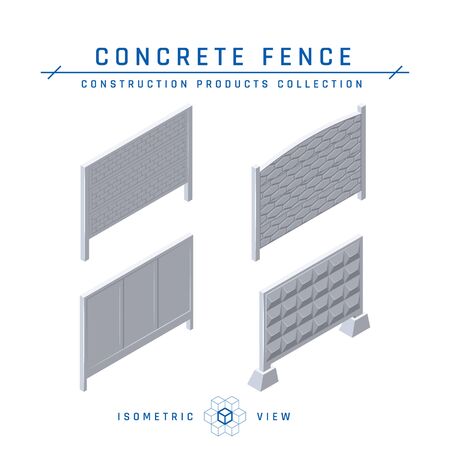 Concrete fence icons, isometric view. Building materials collection. Vector illustration isolated on a white background in flat style.のイラスト素材