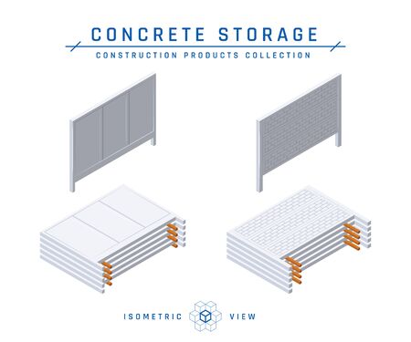 Concrete fence storage, isometric icons. Building materials collection. Vector illustration isolated on a white background in flat style.のイラスト素材