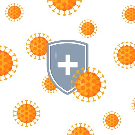 Immune system concept. Antimicrobial design with a medical shield and bacteria. Vector illustration isolated on a white background in flat style.のイラスト素材