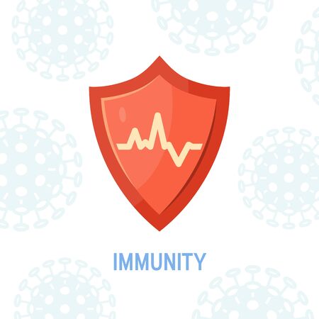 Immune shield icon. Concept with a red medical shield. Vector illustration isolated on a white background in cartoon style.のイラスト素材
