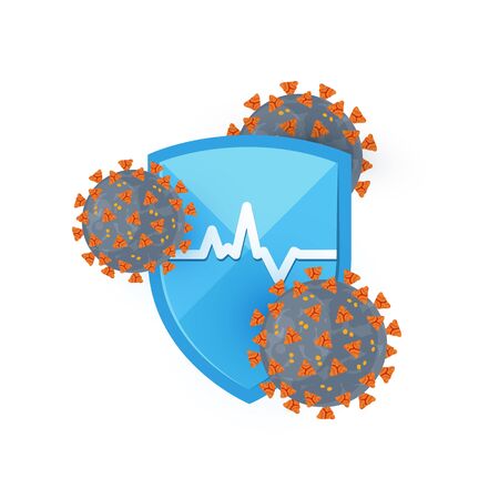 Immune system icon. Concept with a blue medical shield and viruses. Vector illustration isolated on a white background in flat style.のイラスト素材