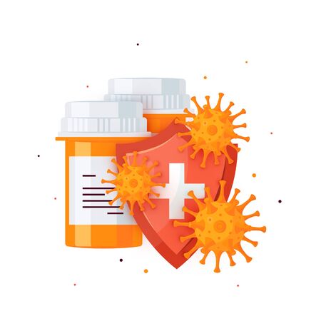 Pill bottles. Medicine concept. Shield against bacteria and viruses. Design for medical infographics, web banners, posters, pots in social media etc.のイラスト素材