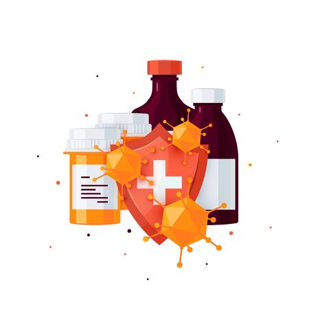 Medicine concept with pill bottles and shield against bacteria and viruses. Design for medical infographics, web banners, posters, pots in social media etc.のイラスト素材