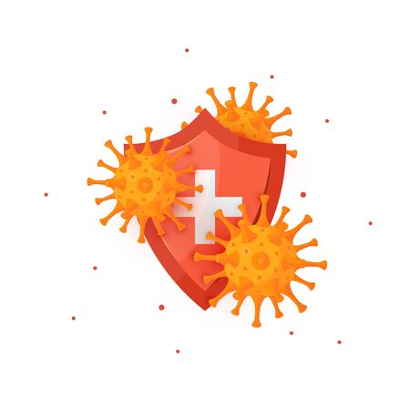 Immunity concept. Medical shield with coronavirus. Vector illustration isolated on a white background in cartoon style. Design for medical infographics, web banners, posters, pots in social media etc.のイラスト素材
