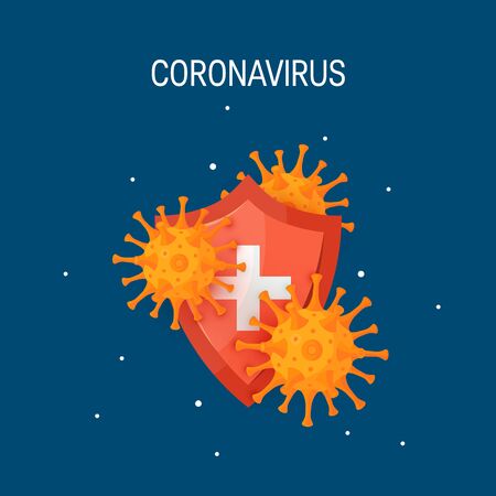 Coronavirus concept. Medical shield with viruses. Vector illustration on a blue background in cartoon style. Design for medical infographics, web banners, posters etc.のイラスト素材