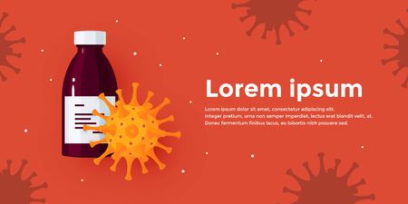 Medicine concept with bottle and virus. Horizontal design for medical web banners, posters, posts in social media etc. Vector illustration in cartoon style.のイラスト素材