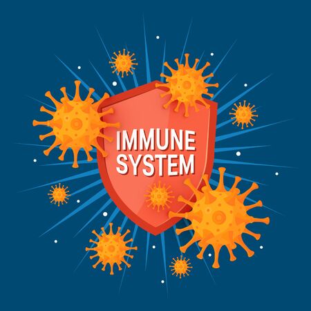 Immune system concept. Medical shield with viruses. Vector illustration on a blue background in cartoon style. Design for infographics, web banners, posters etc.のイラスト素材