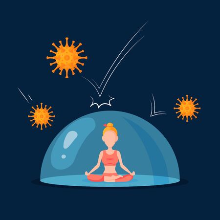 Protective bubble with meditating woman inside. Immune defense concept. Protection from viruses and bacterium. Vector illustration on a blue background in cartoon style.のイラスト素材