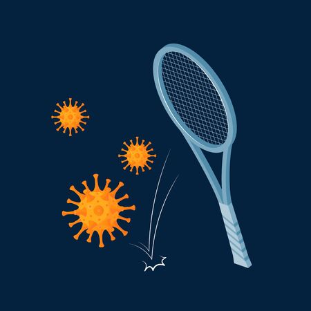 Fighting virus concept with tennis racquet. Vector illustration on a blue background. Template for medical designs, web banners, posters.のイラスト素材
