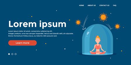 Immunity banner. Meditating woman inside the protective bubble. Medical Hero image design for clinics, hospitals, healthcare websites. Vector illustration in cartoon style.のイラスト素材
