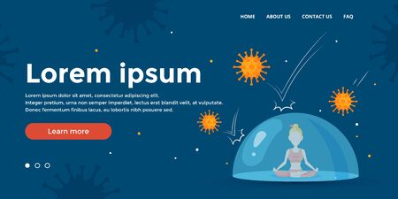 Immune defense banner. Meditating woman inside the protective bubble. Medical design for clinics, hospitals, healthcare websites. Vector illustration in cartoon style.のイラスト素材