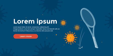 Fighting virus concept with tennis racquet and bacillus as a ball. Medical design for clinics, hospitals, healthcare websites. Vector illustration in cartoon style.のイラスト素材
