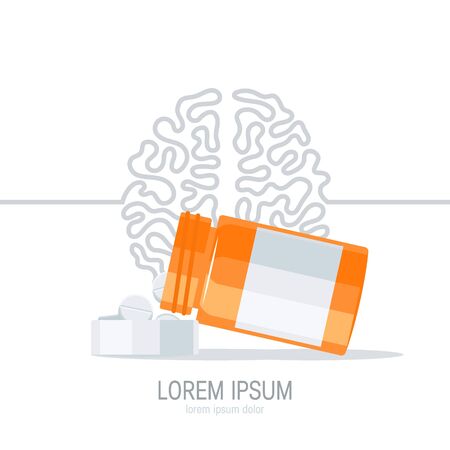 Mental treatment concept. Pills pouring out of the medication bottle into the lid. Vector illustration in flat style isolated on a white background.のイラスト素材