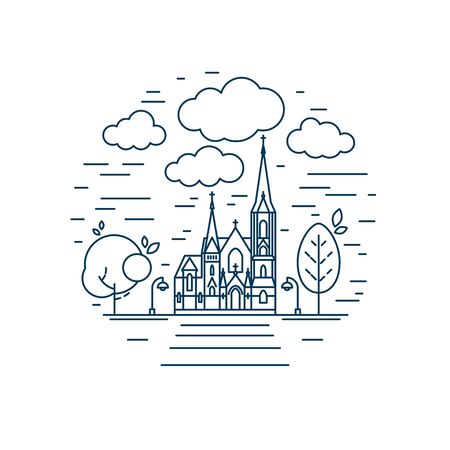 Church line icon. Round design with facade of religious building. Vector illustration isolated on a white background.のイラスト素材