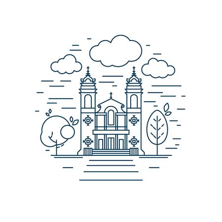 Church line icon. Round design with facade of religious building. Vector illustration isolated on a white background.のイラスト素材