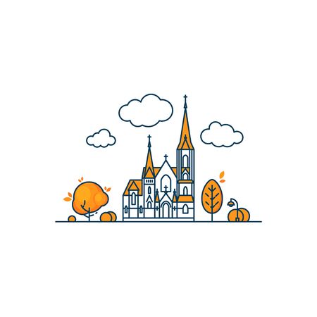 Church line icon. Cityscape with facade of religious building. Vector illustration isolated on a white background.のイラスト素材