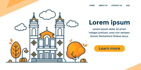 Religious banner with church exterior in linear style. Vector illustration isolated on a white background. Horizontal template for designs, cards, posters, ads.のイラスト素材