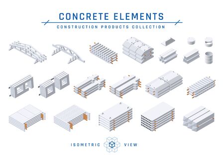 Concrete elements set. Precast cement items for modular buildings, isometric view. Vector illustration isolated on a white background in flat style.のイラスト素材