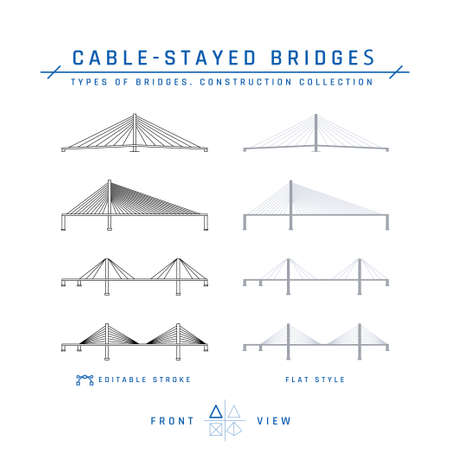 Cable-stayed bridges. Set of outline icons with editable stroke and flat items. Types of bridges collection. Vector illustration isolated on a white background.のイラスト素材