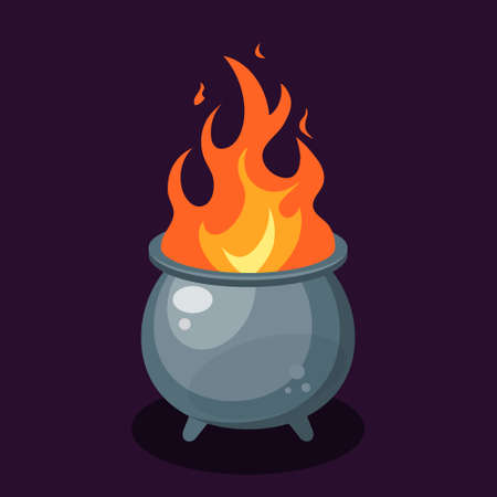 Flame inside a cauldron set. Simple vector illustration in flat style on a violet background.のイラスト素材