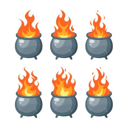 Flame inside a cauldron set. Simple vector illustration in flat style isolated on a white background.のイラスト素材