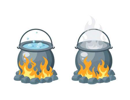 Camping pot over the bonfire. Boiling water or soup in a cauldron. Simple vector illustration in flat style isolated on a white background.のイラスト素材