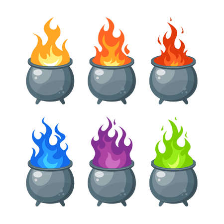 Witches cauldron set with colorful flame. Simple vector illustration in flat style isolated on a white background.のイラスト素材