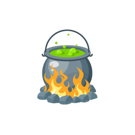 Witches cauldron with boiling green potion. Simple vector illustration in flat style isolated on a white background.のイラスト素材