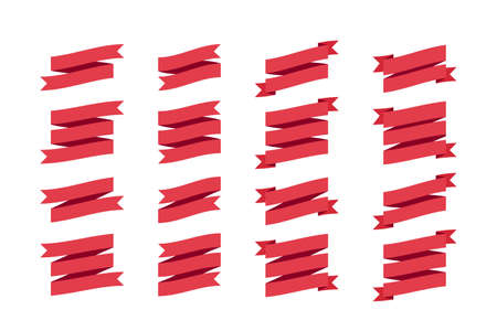 Set of banner ribbons in flat style, vector illustration. Blank red curved tapes with place for text. Can be used as an element for badges, emblems, labels.のイラスト素材