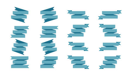 Set of banner ribbons in flat style, vector illustration. Blank blue curved tapes with place for text. Can be used as an element for badges, emblems, labels.のイラスト素材