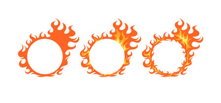 Flame circles set. Round fire frames for designs. Vector illustration isolated on a white background in cartoon style.のイラスト素材